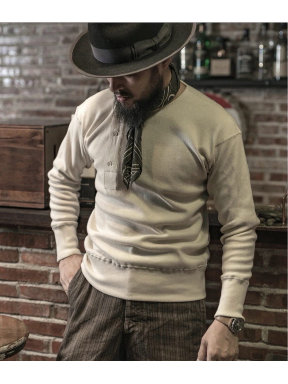 100% Cotton 14 oz Side Closing Henley Shirt Beige Bronson Mfg Co. Long Sleeve L - Picture 2 of 6